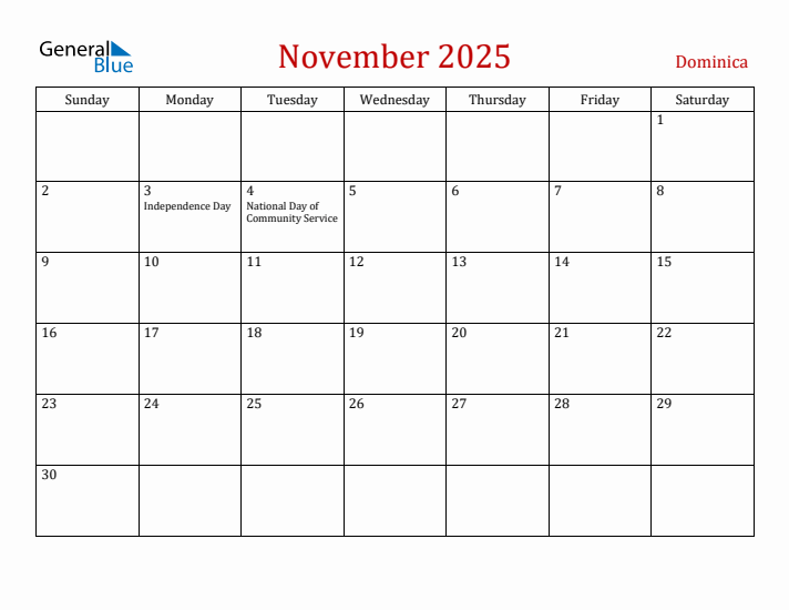 Dominica November 2025 Calendar - Sunday Start