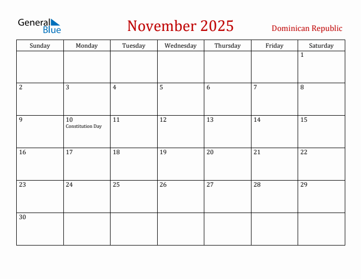 Dominican Republic November 2025 Calendar - Sunday Start