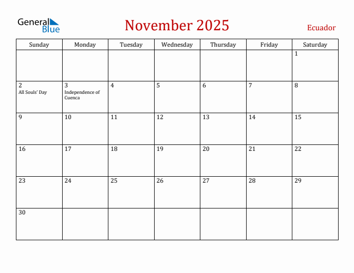 Ecuador November 2025 Calendar - Sunday Start