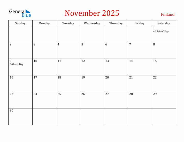 Finland November 2025 Calendar - Sunday Start