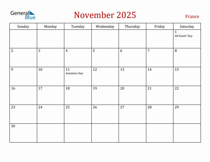 France November 2025 Calendar - Sunday Start