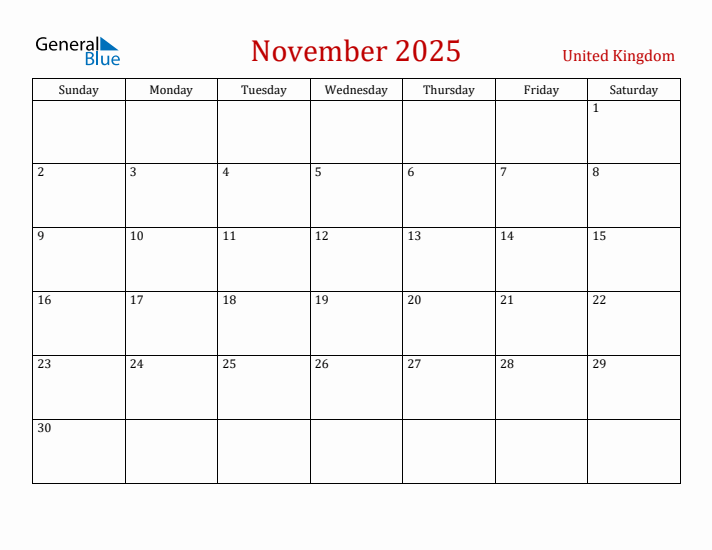 United Kingdom November 2025 Calendar - Sunday Start