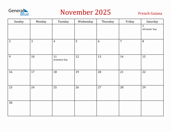 French Guiana November 2025 Calendar - Sunday Start
