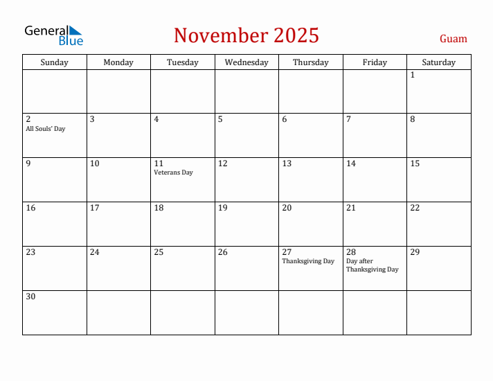 Guam November 2025 Calendar - Sunday Start