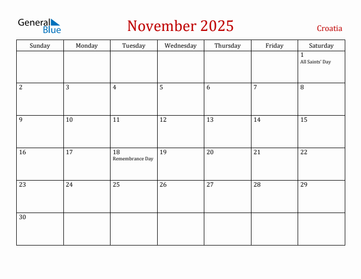 Croatia November 2025 Calendar - Sunday Start