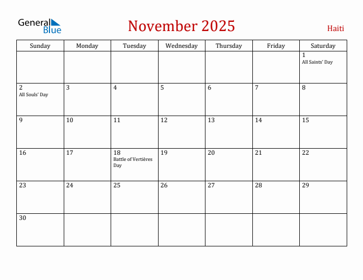 Haiti November 2025 Calendar - Sunday Start