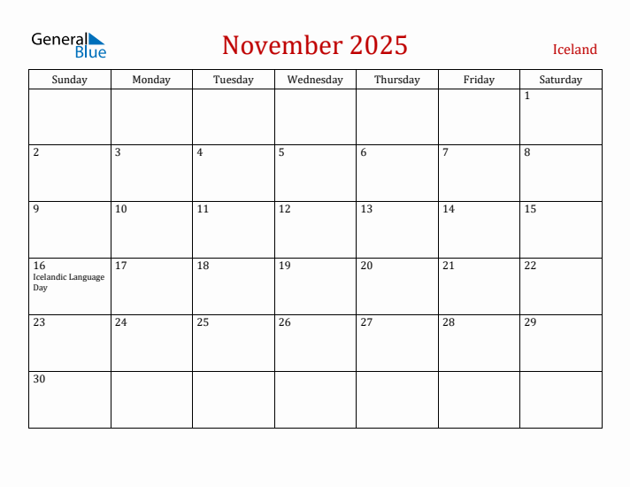 Iceland November 2025 Calendar - Sunday Start
