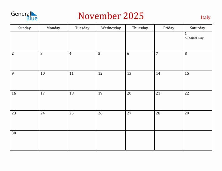 Italy November 2025 Calendar - Sunday Start
