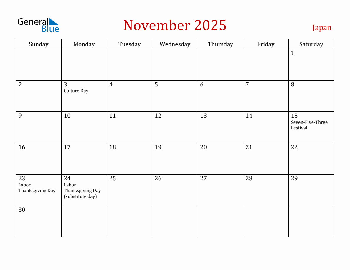 November 2025 Japan Monthly Calendar with Holidays