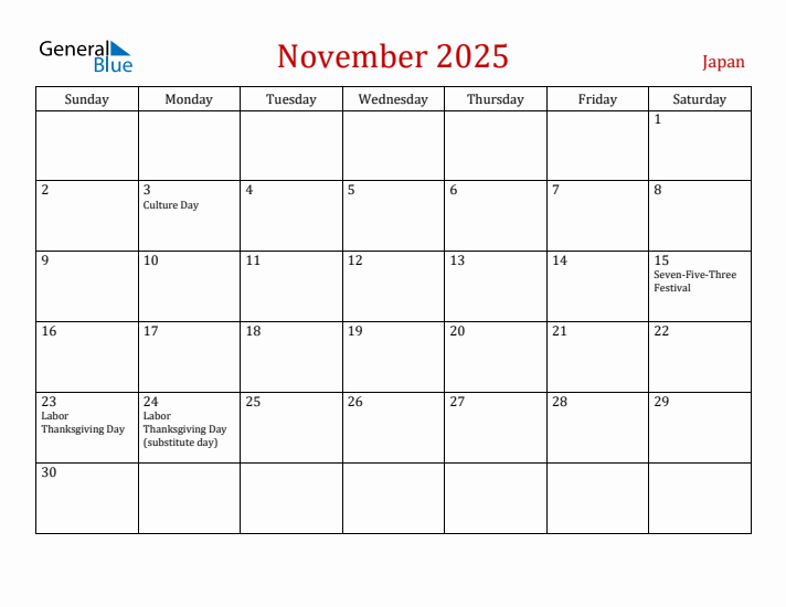 Japan November 2025 Calendar - Sunday Start