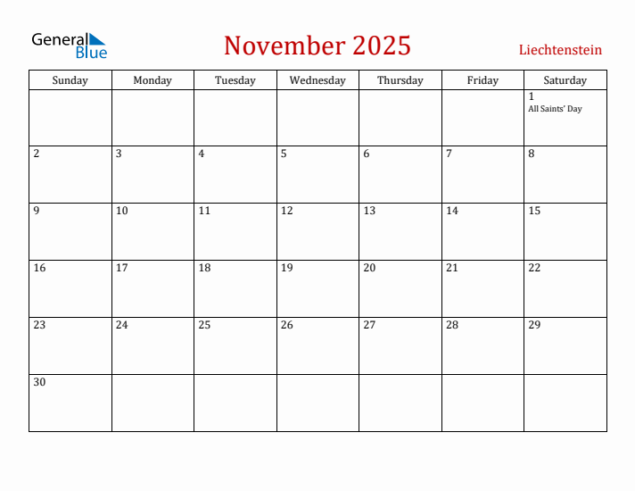 Liechtenstein November 2025 Calendar - Sunday Start