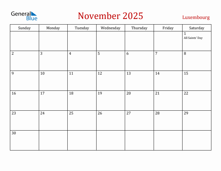 Luxembourg November 2025 Calendar - Sunday Start