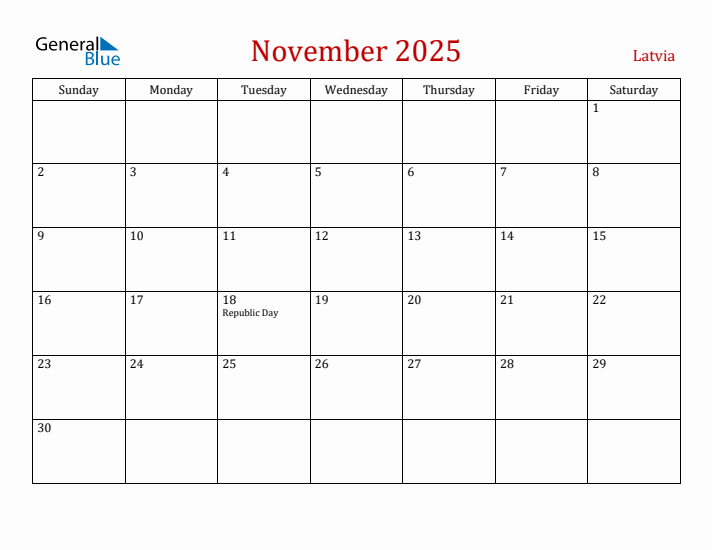 Latvia November 2025 Calendar - Sunday Start