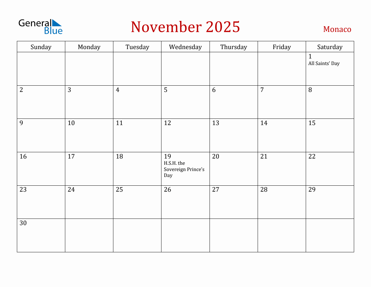 November 2025 Monaco Monthly Calendar with Holidays