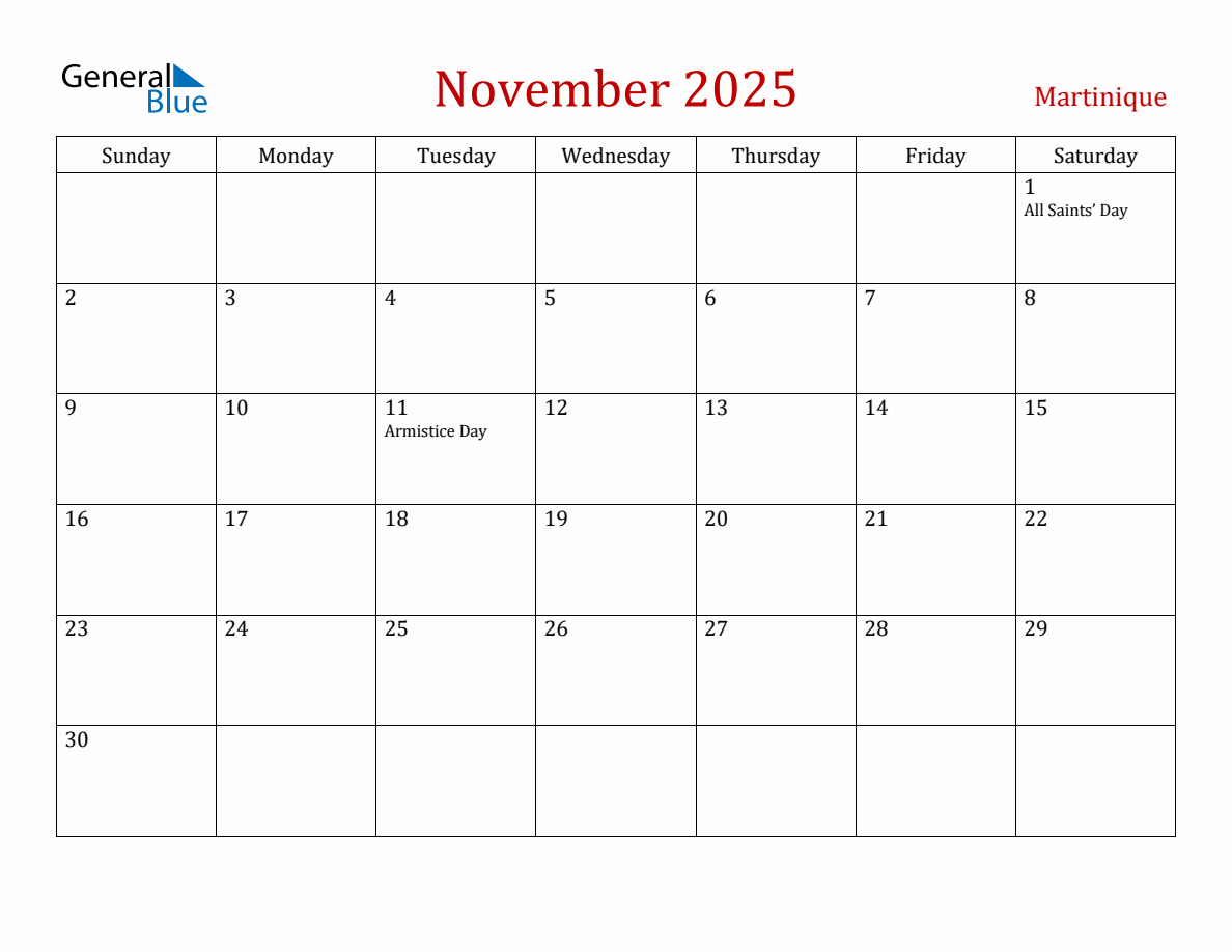 November 2025 Martinique Monthly Calendar with Holidays