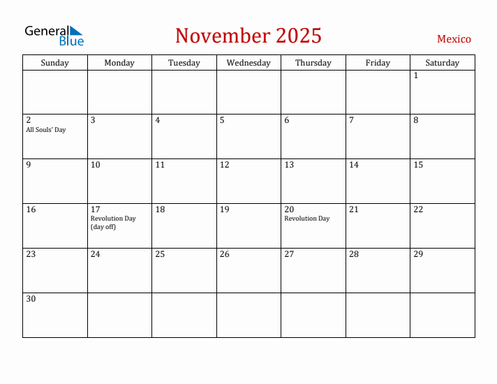 Mexico November 2025 Calendar - Sunday Start
