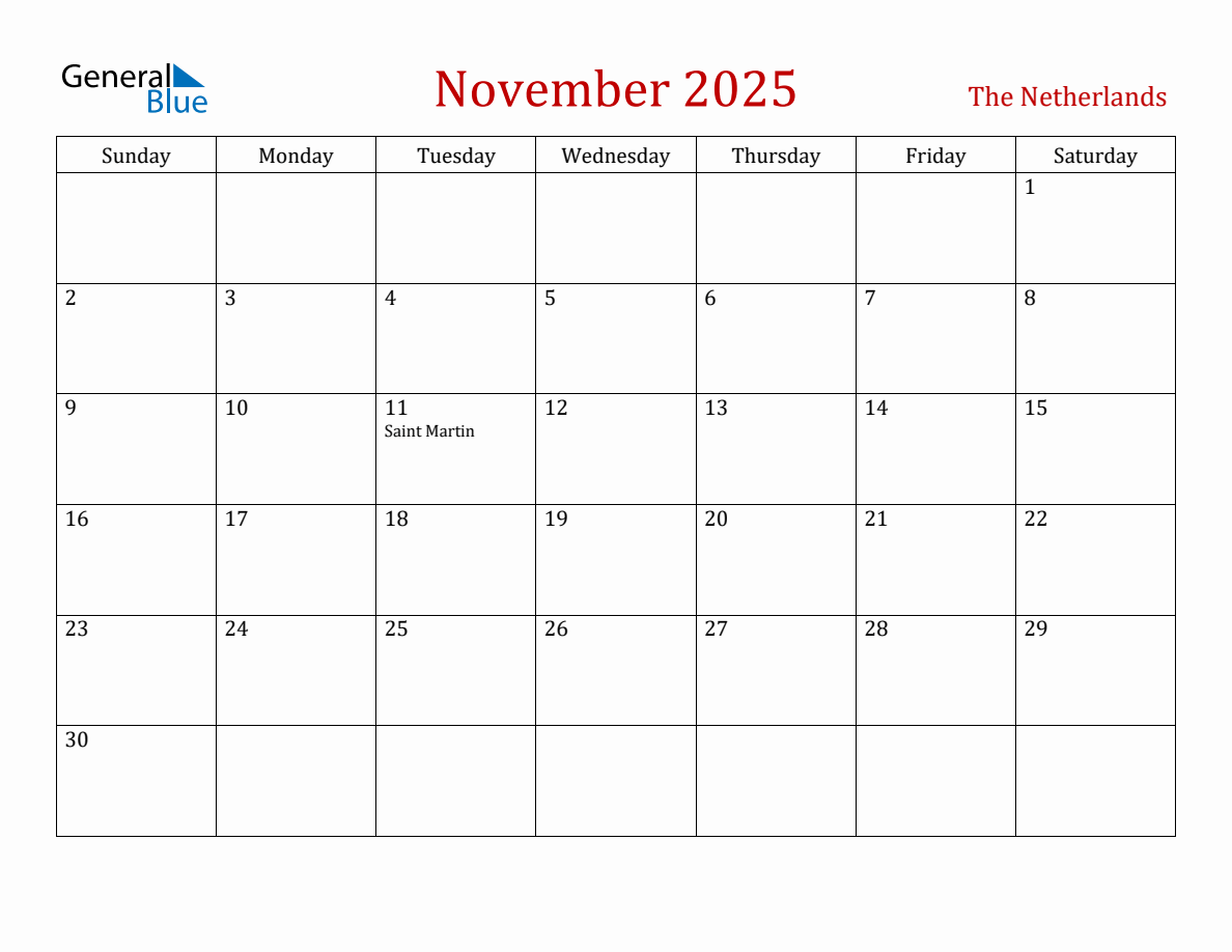 November 2025 Netherlands Monthly Calendar with Holidays