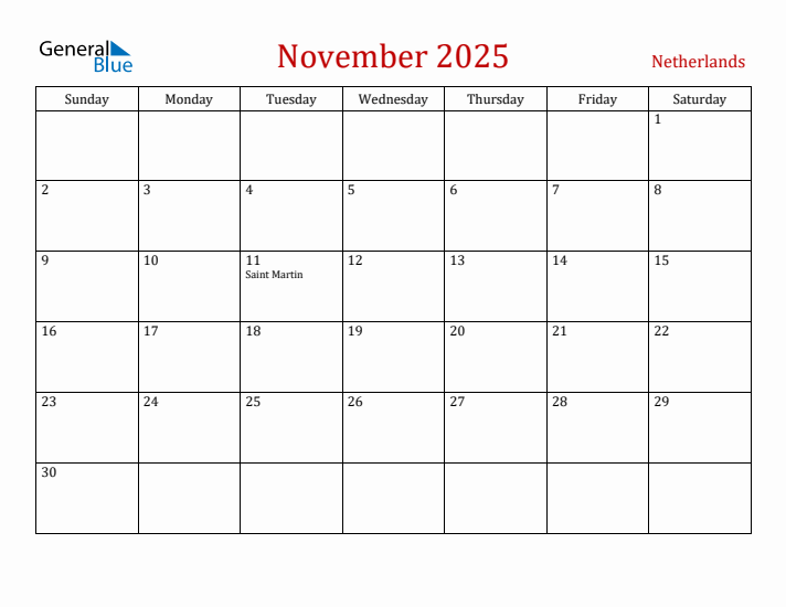 The Netherlands November 2025 Calendar - Sunday Start