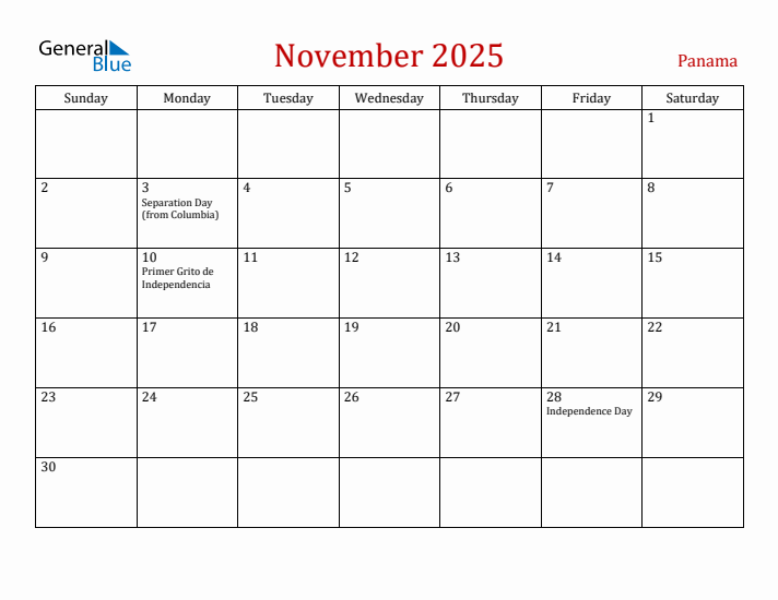 Panama November 2025 Calendar - Sunday Start