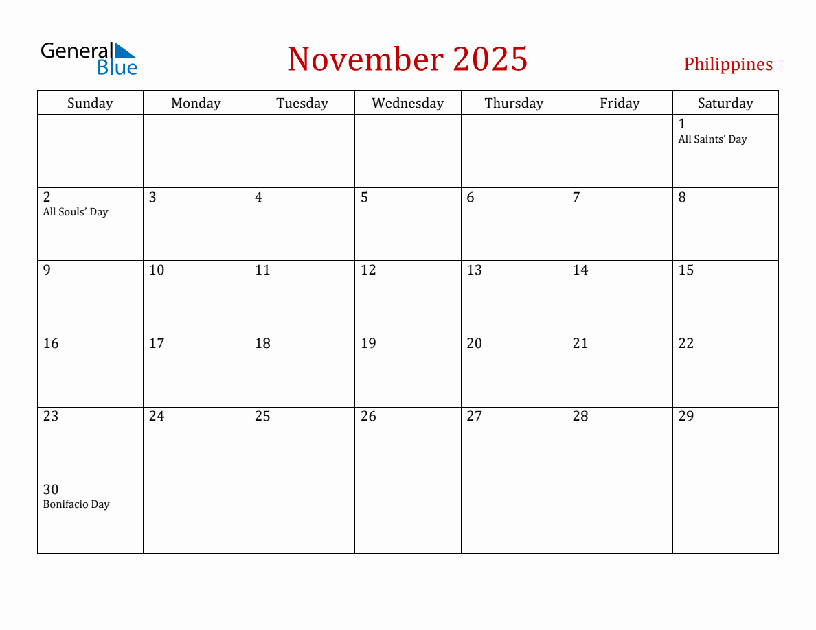 November 2025 Philippines Monthly Calendar with Holidays