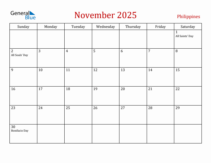 Philippines November 2025 Calendar - Sunday Start