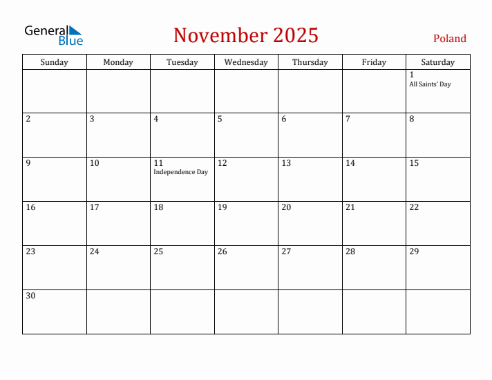Poland November 2025 Calendar - Sunday Start