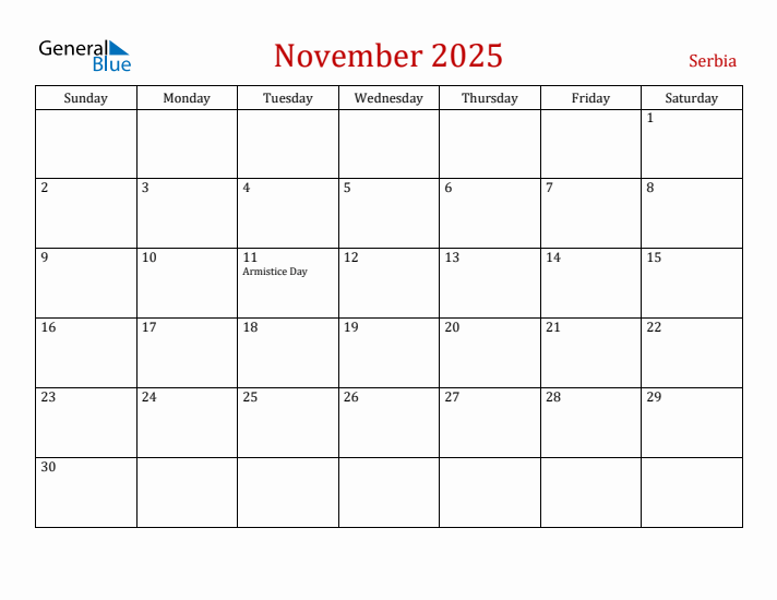 Serbia November 2025 Calendar - Sunday Start