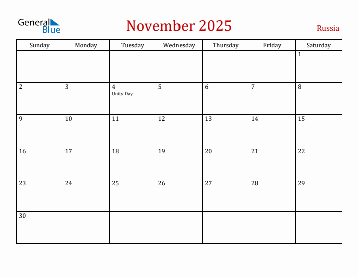 Russia November 2025 Calendar - Sunday Start