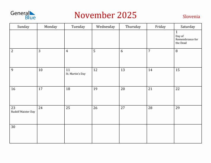 Slovenia November 2025 Calendar - Sunday Start