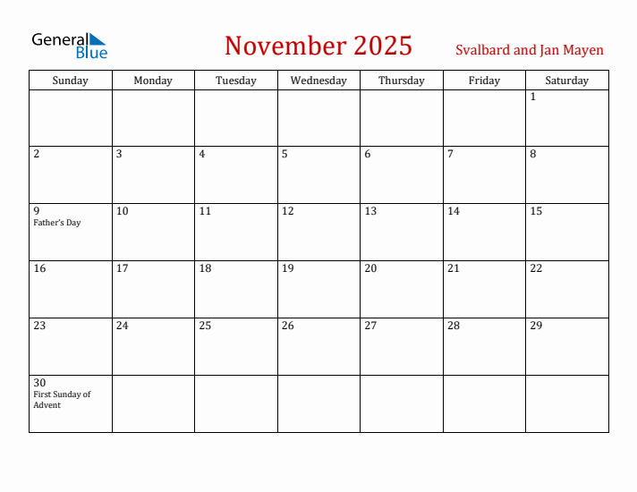Svalbard and Jan Mayen November 2025 Calendar - Sunday Start