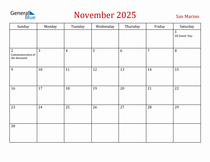 San Marino November 2025 Calendar - Sunday Start