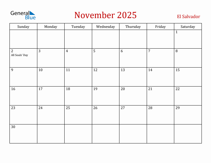 El Salvador November 2025 Calendar - Sunday Start