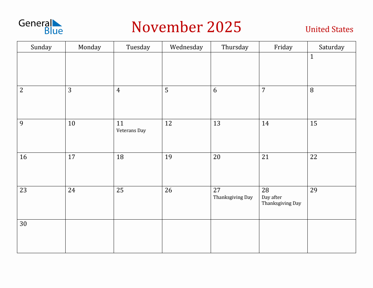 November 2025 United States Monthly Calendar with Holidays