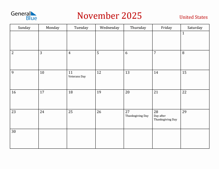 United States November 2025 Calendar - Sunday Start