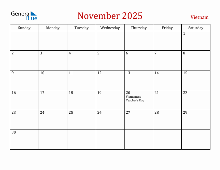 Vietnam November 2025 Calendar - Sunday Start