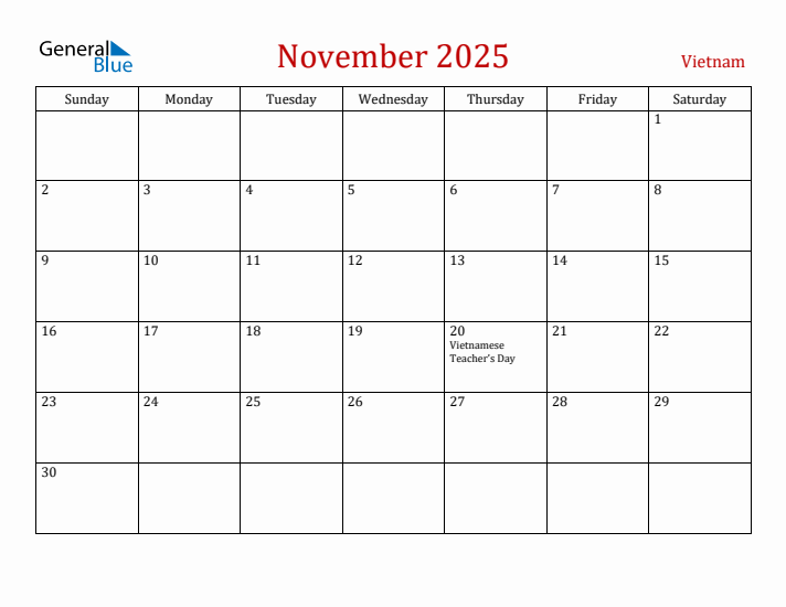 November 2025 Vietnam Monthly Calendar with Holidays