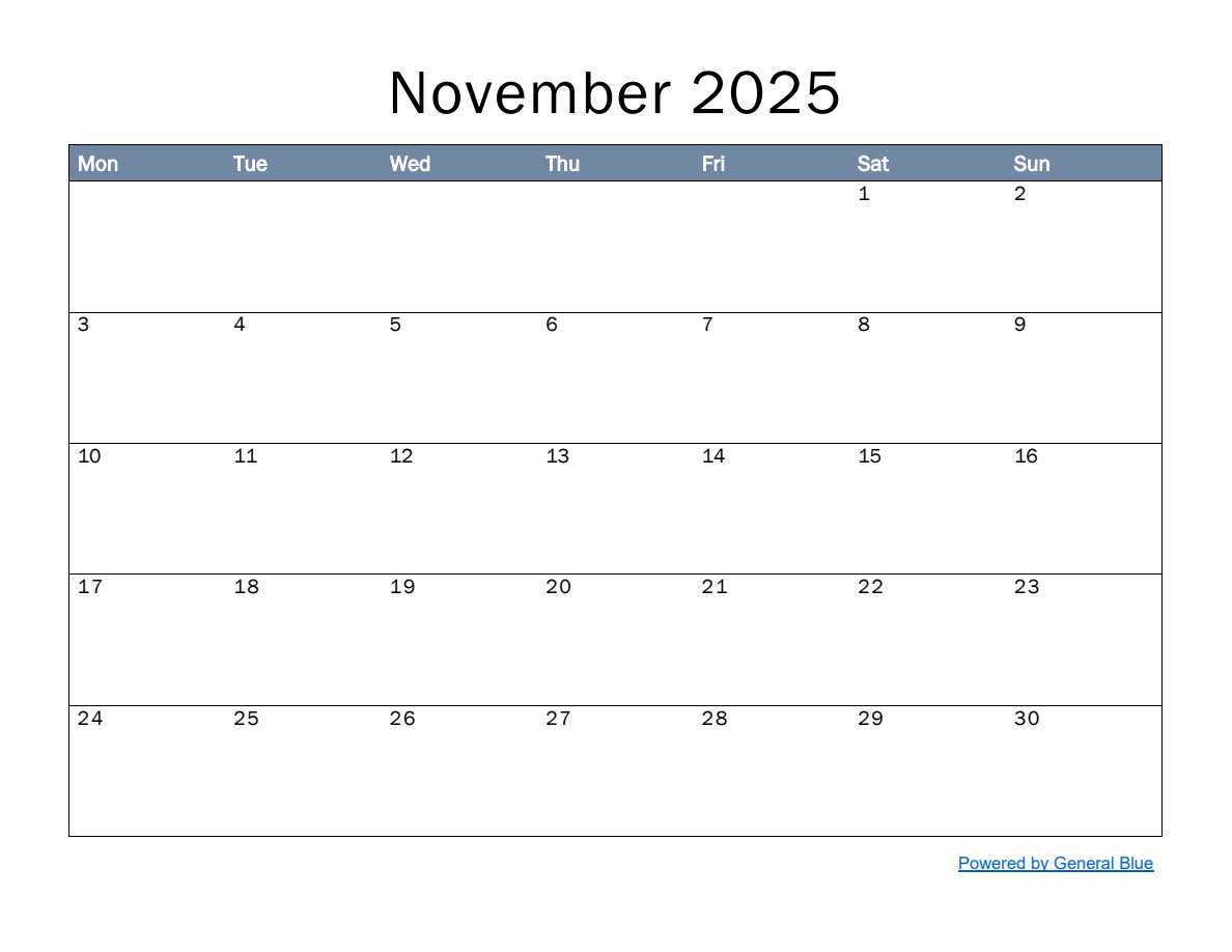 Monthly Calendar Template for November 2025