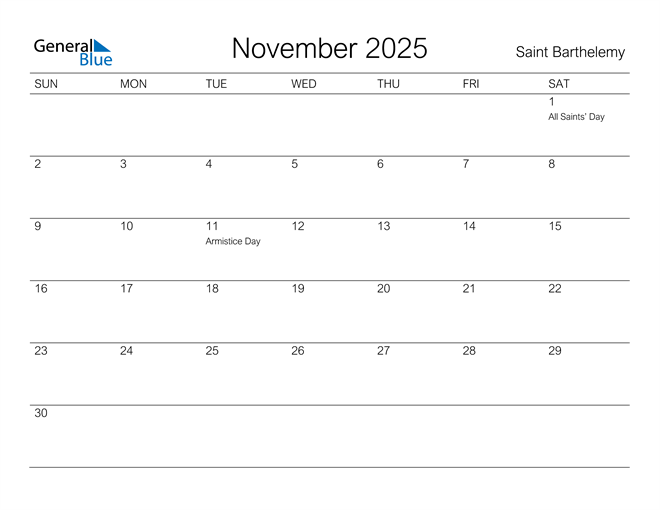 Printable November 2025 Calendar for Saint Barthelemy