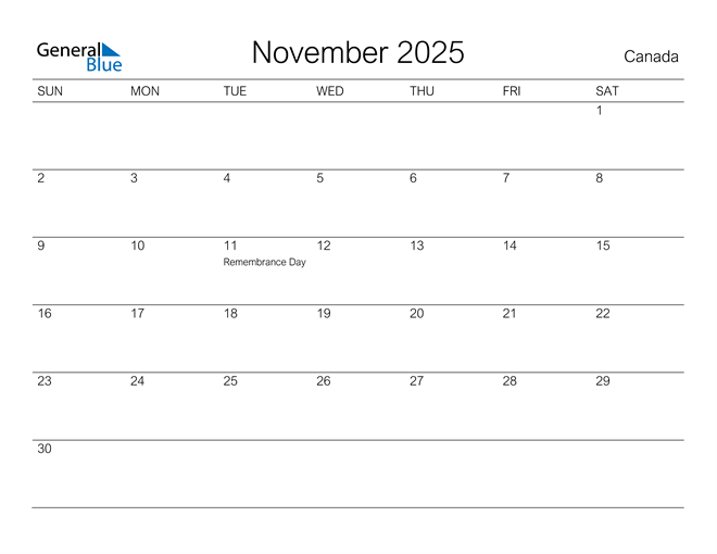 November 2025 Calendar with Canada Holidays