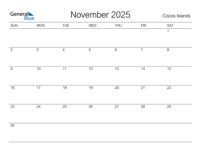 Cocos Islands November 2025 Calendar with Holidays