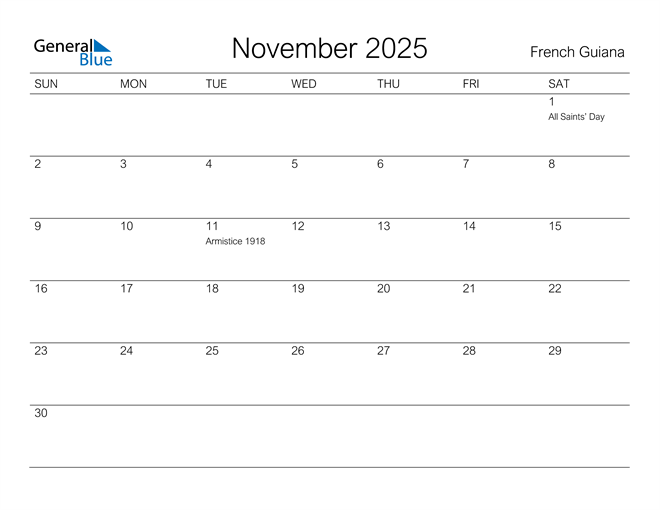 French Guiana November 2025 Calendar with Holidays