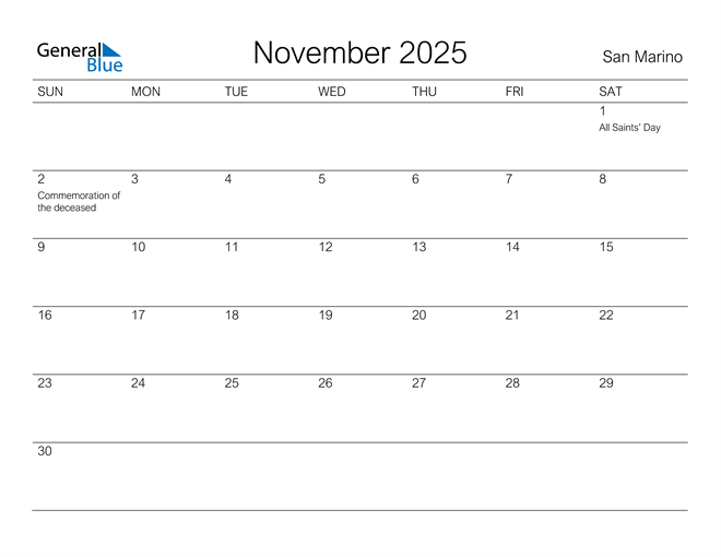 November 2025 Calendar with San Marino Holidays