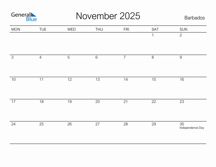 Printable November 2025 Calendar for Barbados