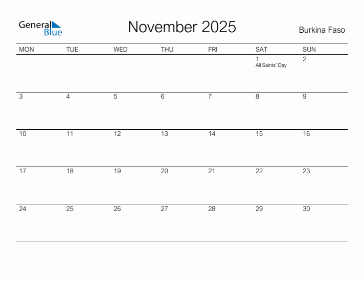 Printable November 2025 Calendar for Burkina Faso