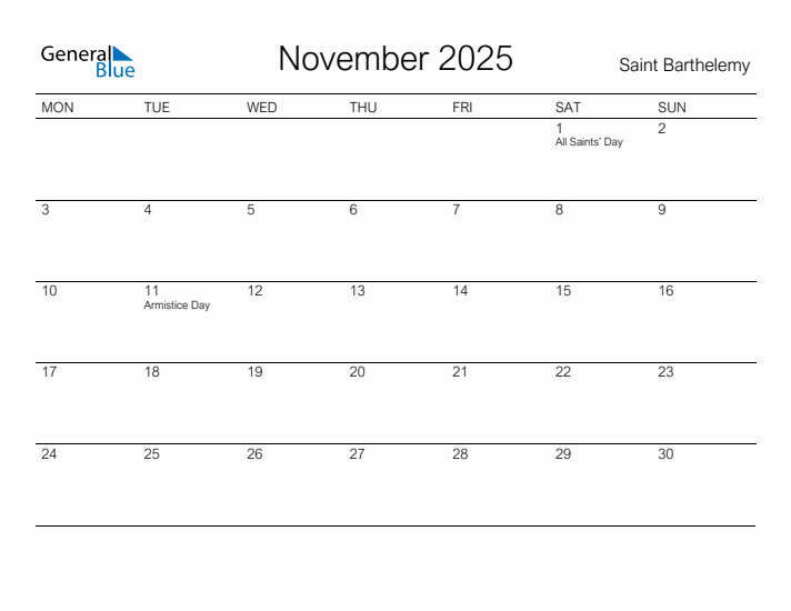 Printable November 2025 Calendar for Saint Barthelemy