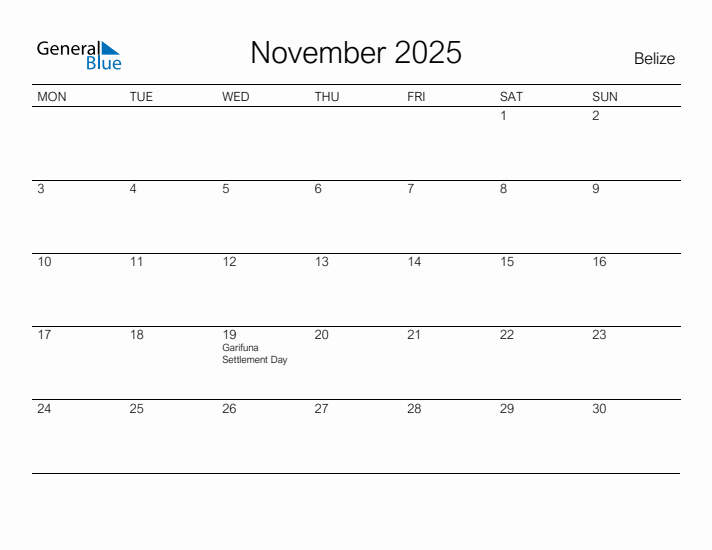 Printable November 2025 Calendar for Belize