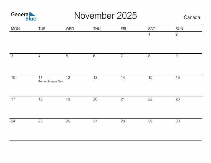 Printable November 2025 Monthly Calendar with Holidays for Canada