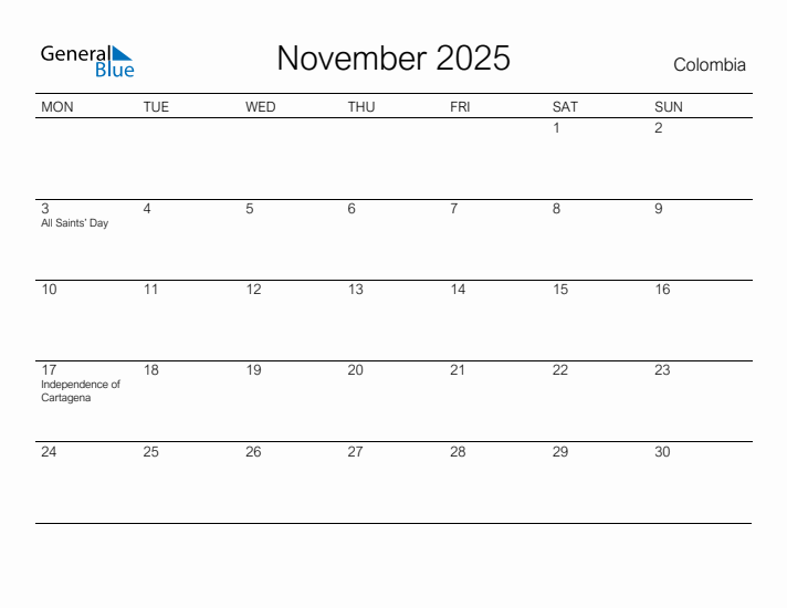 Printable November 2025 Calendar for Colombia