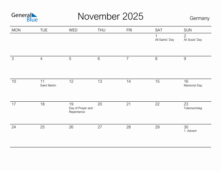 Printable November 2025 Calendar for Germany