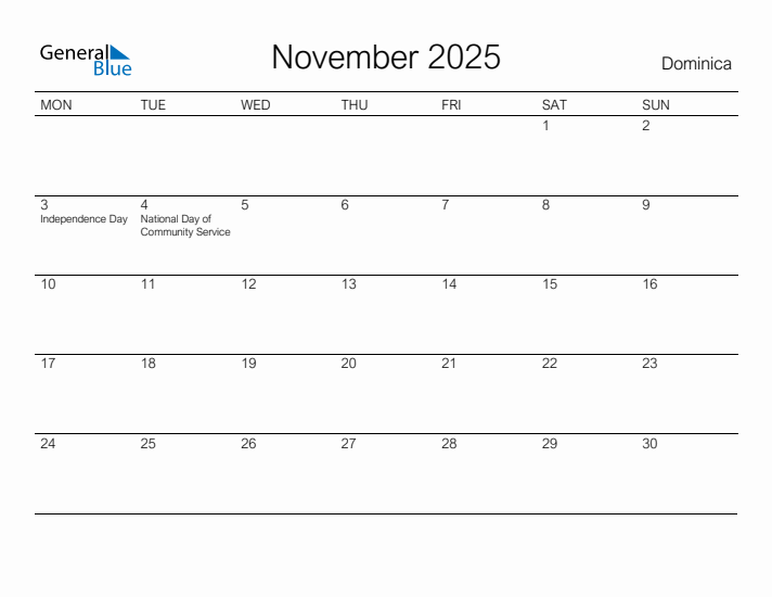 Printable November 2025 Calendar for Dominica